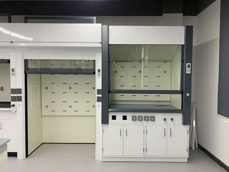 Maintenance access panel open on chemical laboratory full steel exhaust fume hood showing internal stainless steel ductwork and airflow sensor module