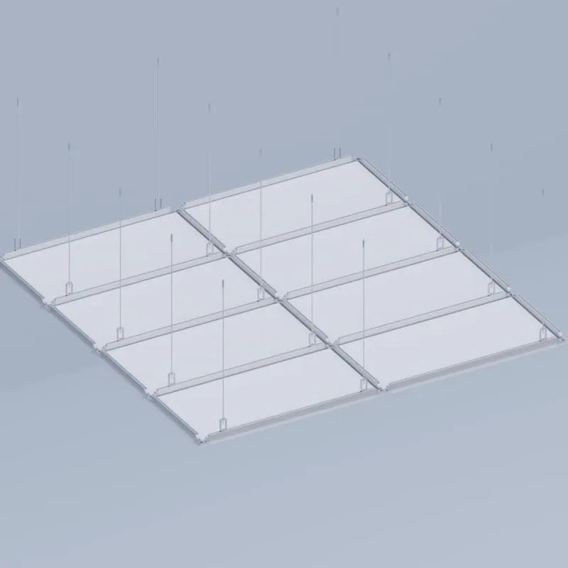 Data center ceiling above chemical lab furniture zone showing integrated fume hood exhaust collar and ceiling-mounted gas detection array