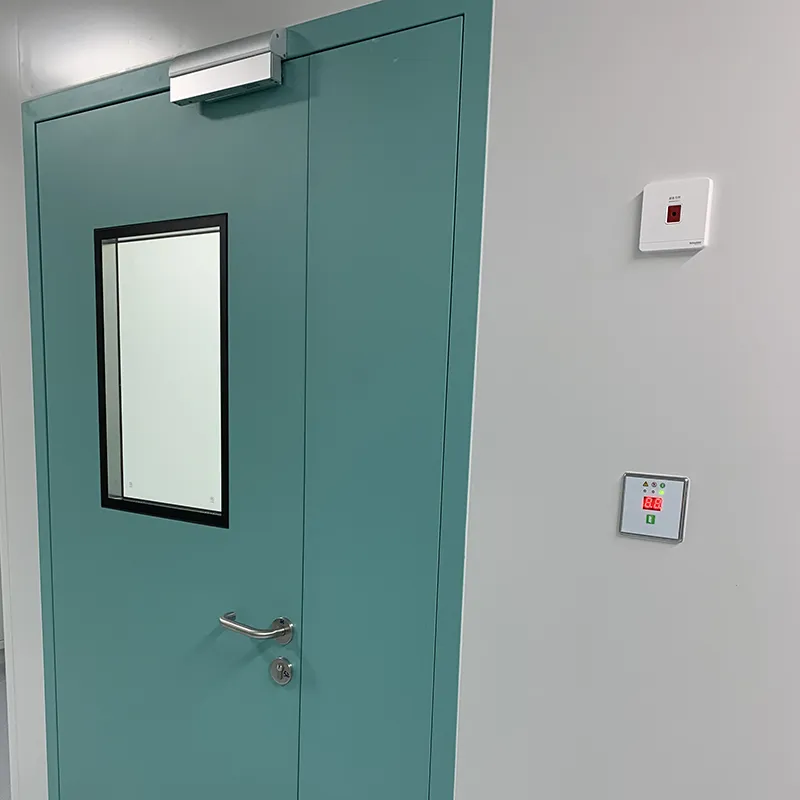 Interlock system mounted on clean room partition panel with integrated ceiling interface